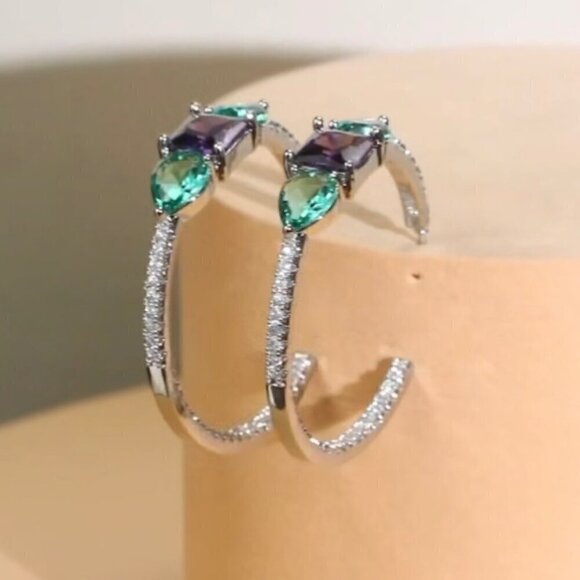 NWT Statement Hoop Earrings 14K Gold Plated Green CZ Purple Green Crystals - Picture 6 of 12